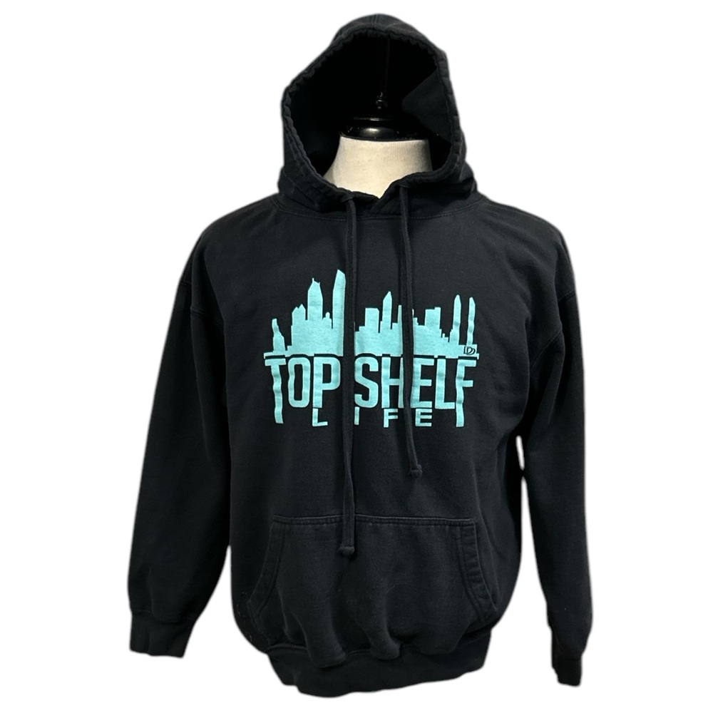 MJ APPAREL Mens L Black Hoodie TOP SHELF LIFE 2014 Graphic Logo Discontinued